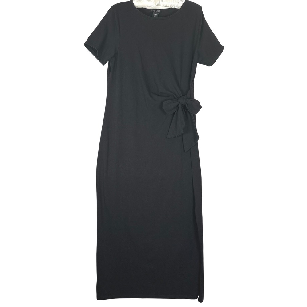 Rachel Zoe Midi Column Dress M Black Side Tie Ruched Minimalist Quiet Luxury - Picture 2 of 10